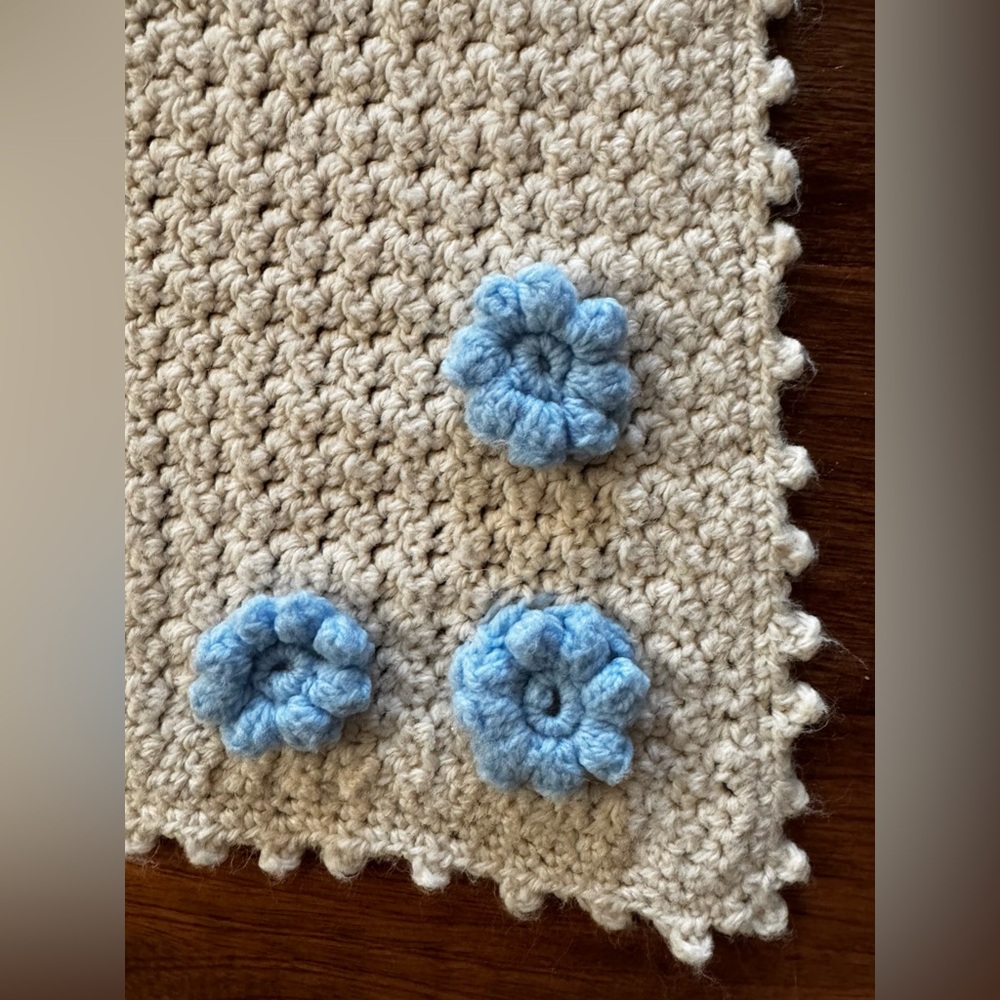 American Vintage Cream Crochet Throw with Light Blue Flower Appliqués